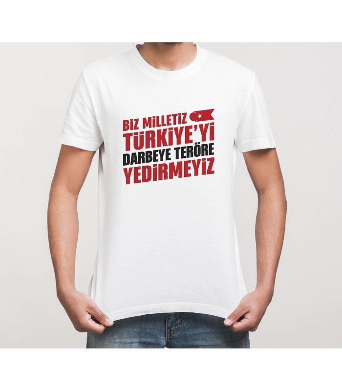 15 Temmuz Demokrasi Milli Birlik YEDİRMEYİZ Baskılı Bisiklet Yaka T-shirt - Beyaz