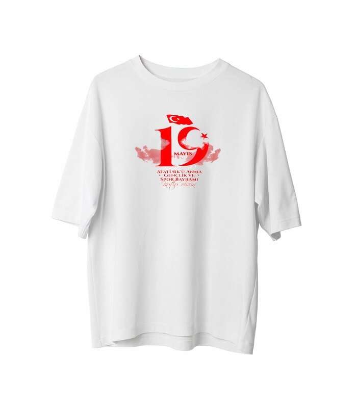 19 Mayıs Atatürk Temalı Gençlik ve Spor Bayramı Bisiklet Yaka T-shirt - Beyaz