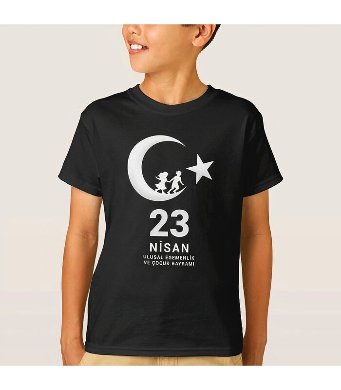 Çocuk 23 Nisan Ulusal Egemenlik ve Çocuk Bayramı Baskılı Bisiklet Yaka T-shirt - Siyah