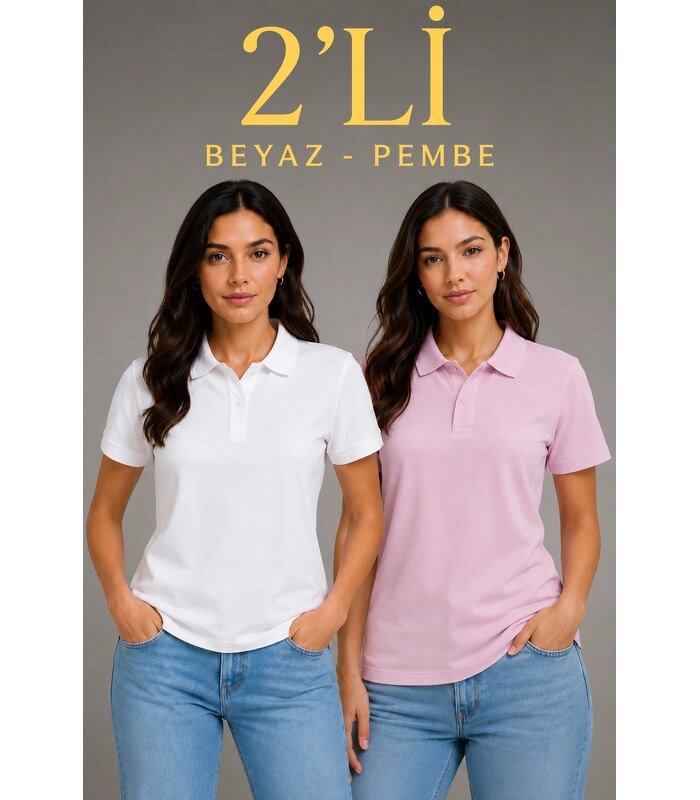 2li-kadin-polo-yaka-pike-kumas-dugmeli-basic-tisort-gunluk-rahat-kesim-beyaz-pembe-43604653-sw1024sh1536-4d6e6d1f56-700x800-1 2'li Kadın Polo Yaka Pike Kumaş Düğmeli Basic Tişört Günlük Rahat Kesim - Beyaz, Pembe - Görsel 1