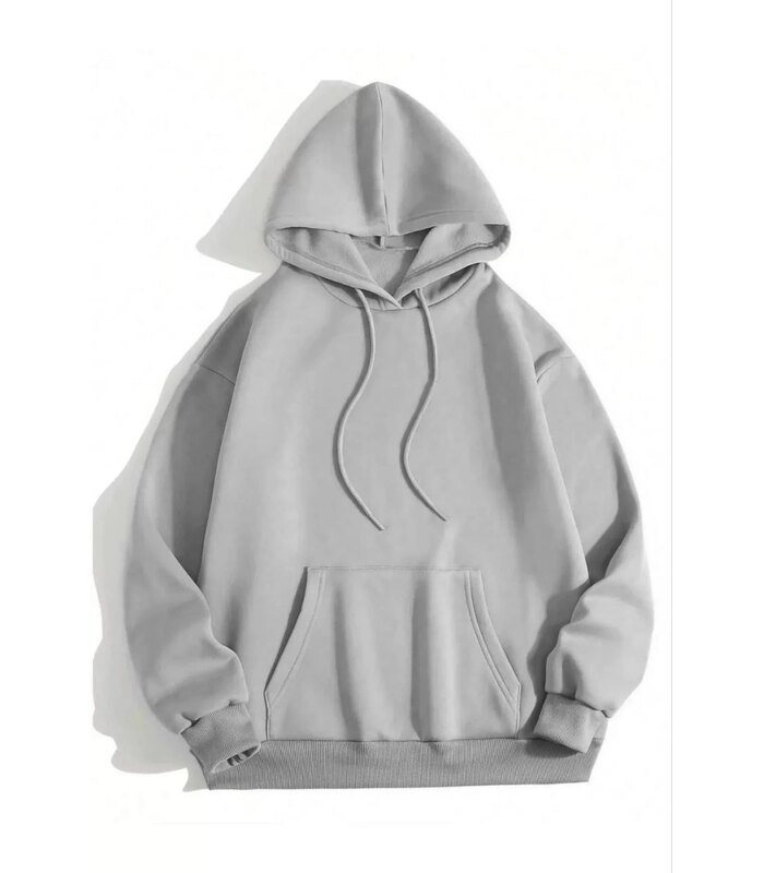 Kadın Kapüşonlu Kanguru Cepli 3 İplik Pamuklu Düz Hoodie Sweatshirt - Gri