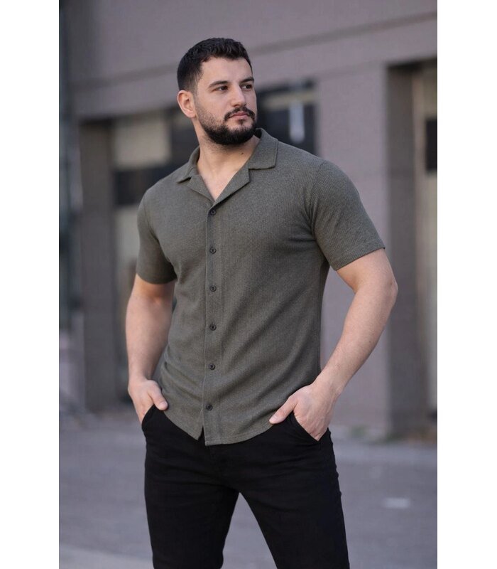 Erkek Waffle Kumaş Kısa Kollu Düğmeli Açık Yaka Regular Fit Gömlek - Haki