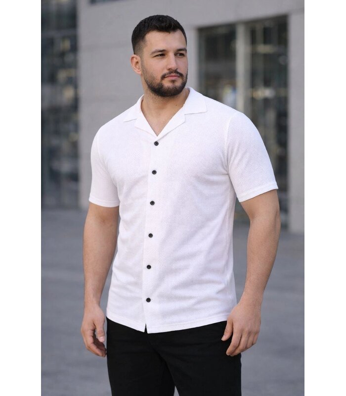 6978cf792d809-615971-sw853sh1280-f9507d3920-700x800-1 Erkek Waffle Kumaş Kısa Kollu Düğmeli Açık Yaka Regular Fit Gömlek - Beyaz - Görsel 1