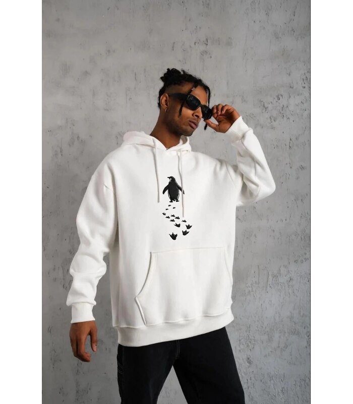 Erkek Nihilist Penguen Baskılı 3 İplik Pamuklu Kapüşonlu Sweatshirt Hoodie Beyaz