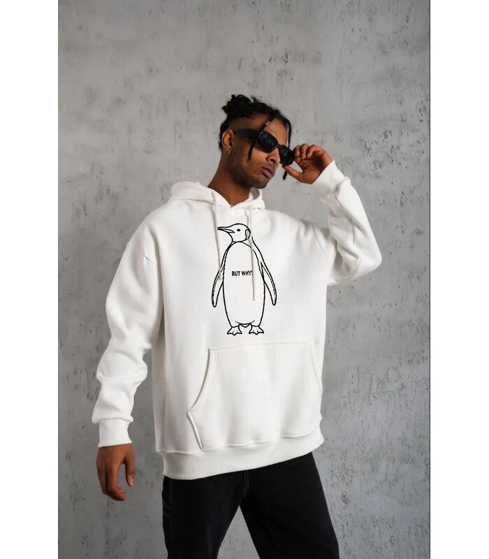 Erkek Nihilist Penguen Baskılı 3 İplik Pamuklu Kapüşonlu Sweatshirt Hoodie Beyaz