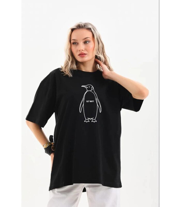 Kadın T-Shirt Nihilist Penguen Baskılı Bisiklet Yaka Kısa kol yazlık Tişört - Siyah