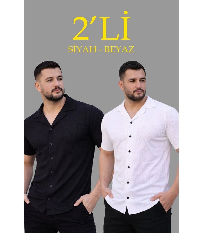Erkek Waffle Kumaş Açık Yakalı Düğmeli Regular Fit Gömlek 2’li Set Siyah-Beyaz