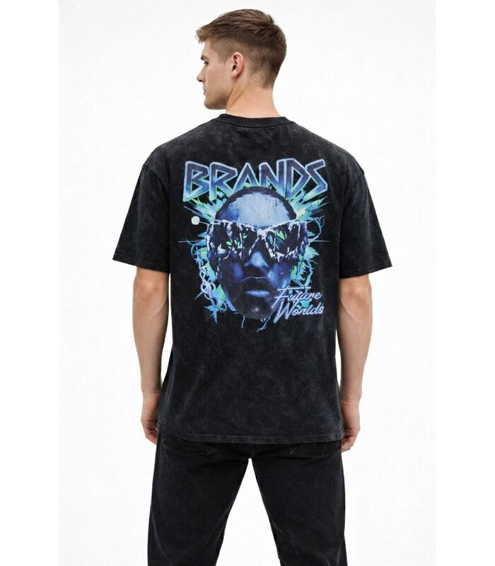 Erkek Asit Yıkamalı Oversize Tişört Bisiklet Yaka Kısa Kol T-shirt - Siyah