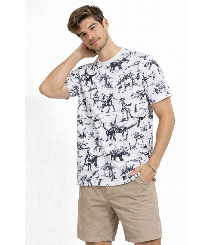 Erkek Dinozor Dijıtal ön ve arka Baskılı Tişört Bisiklet Yaka T-Shirt - Beyaz