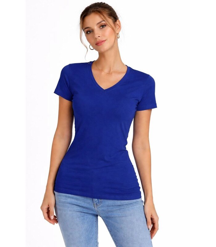 Kadın T-Shirt V Yaka Slim Fit Likralı Tişört Yazlık Basic Body - İndigo