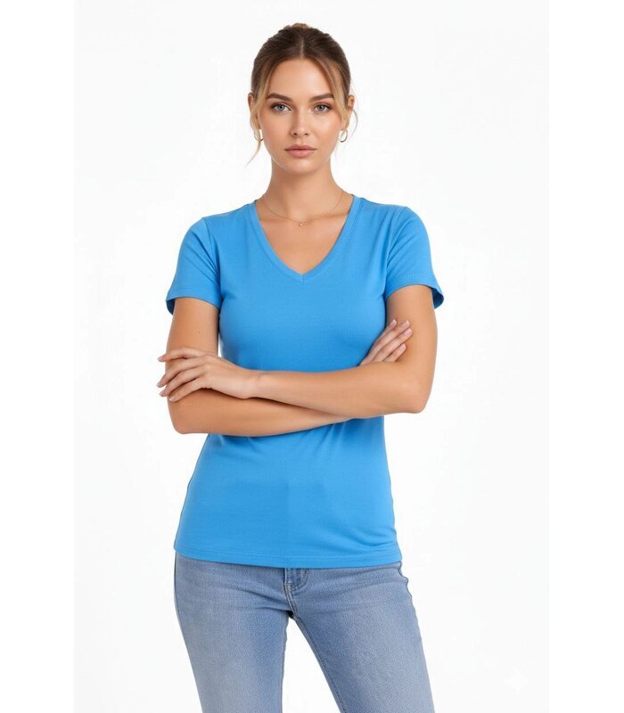 Kadın T-Shirt V Yaka Slim Fit Likralı Tişört Yazlık Basic Body - Açık Mavi