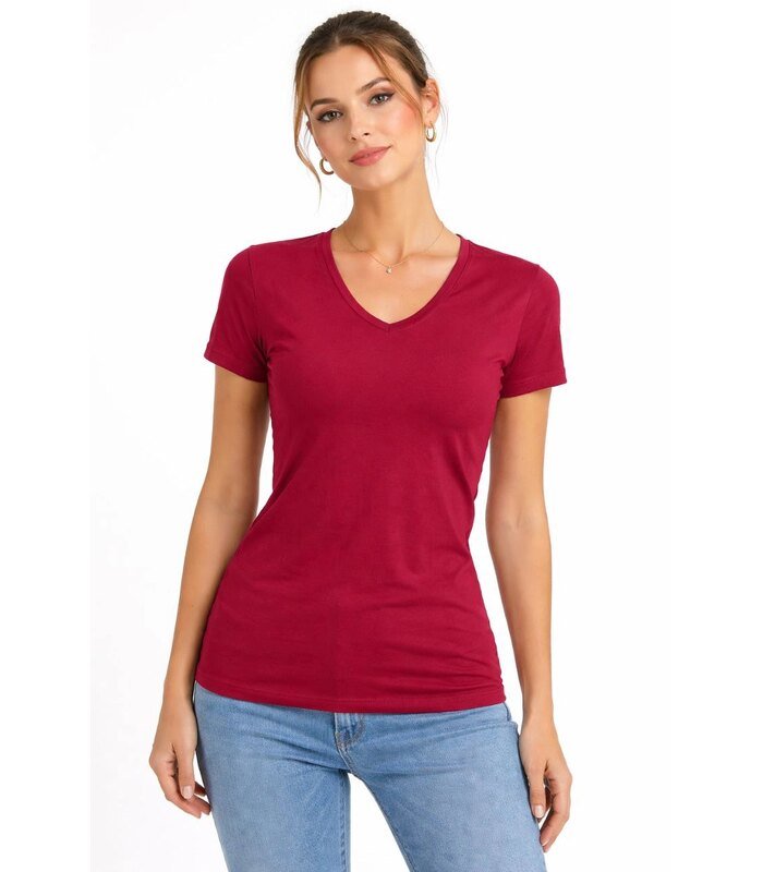 Kadın T-Shirt V Yaka Slim Fit Likralı Tişört Yazlık Basic Body - Kırmızı