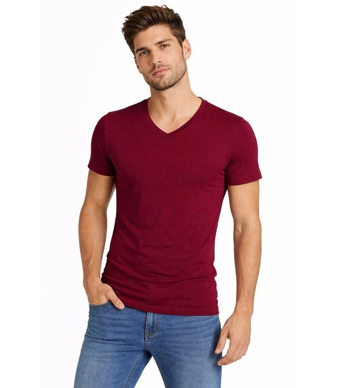 Erkek Body T-shirt V Yaka Slim Fit Likralı Kısa kol Tişört - Bordo