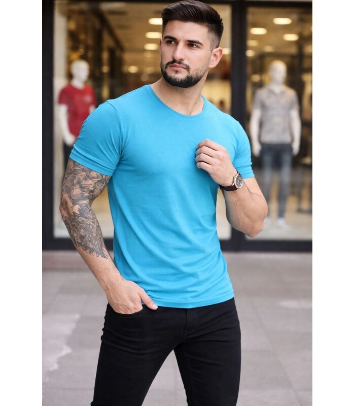 Erkek Body Tişört Bisiklet Yaka Slim Fit Likralı T-Shirt - Açık Mavi