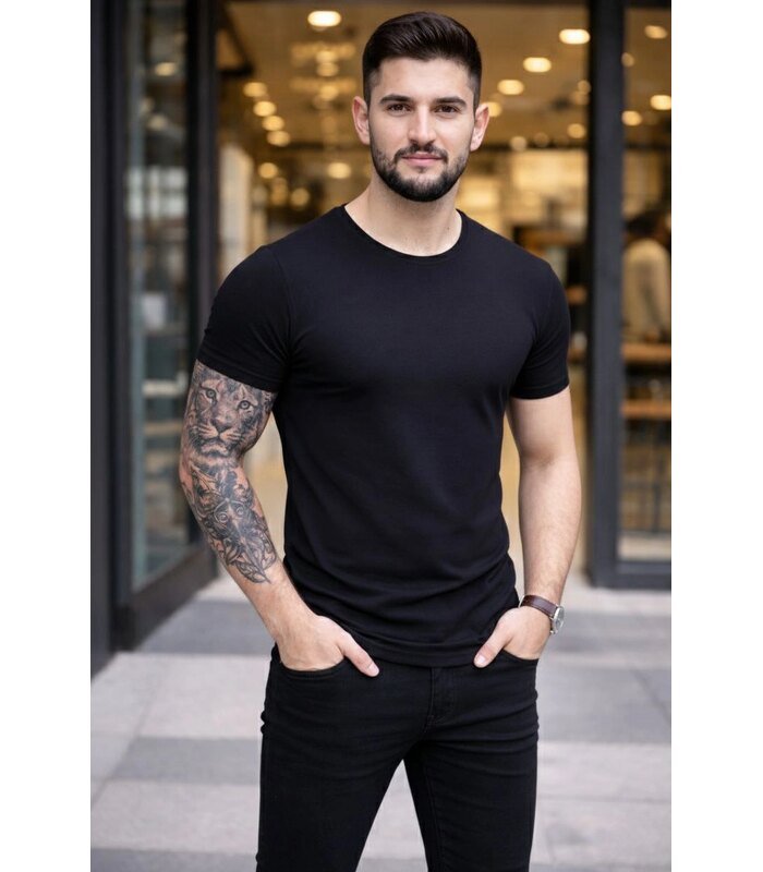 699832a5889a4-2206171-sw832sh1248-6488bf43e6-700x800-1 Erkek Body Tişört Bisiklet Yaka Slim Fit Likralı T-Shirt - Siyah - Görsel 1