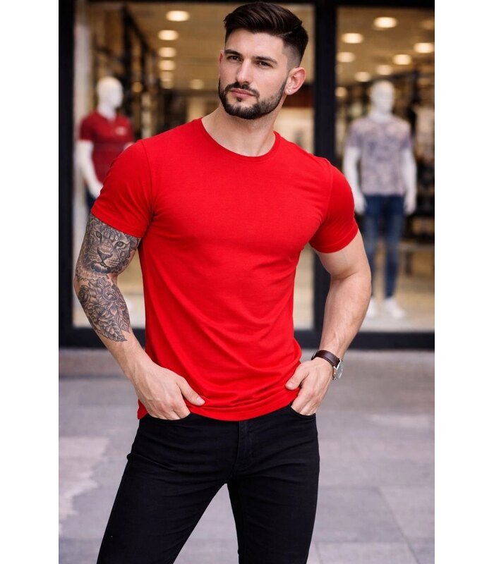 Erkek Body Tişört Bisiklet Yaka Slim Fit Likralı T-Shirt - Kırmızı
