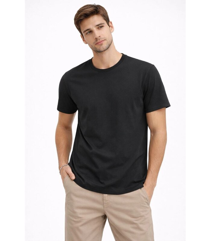 Erkek Bisiklet Yaka Yazlık Kısa kol Düz Tişört Regular Kalıp T-shirt - Siyah