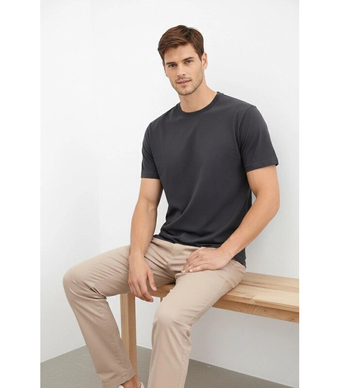 Erkek Bisiklet Yaka Yazlık Kısa kol Düz Tişört Regular Kalıp T-shirt - Füme