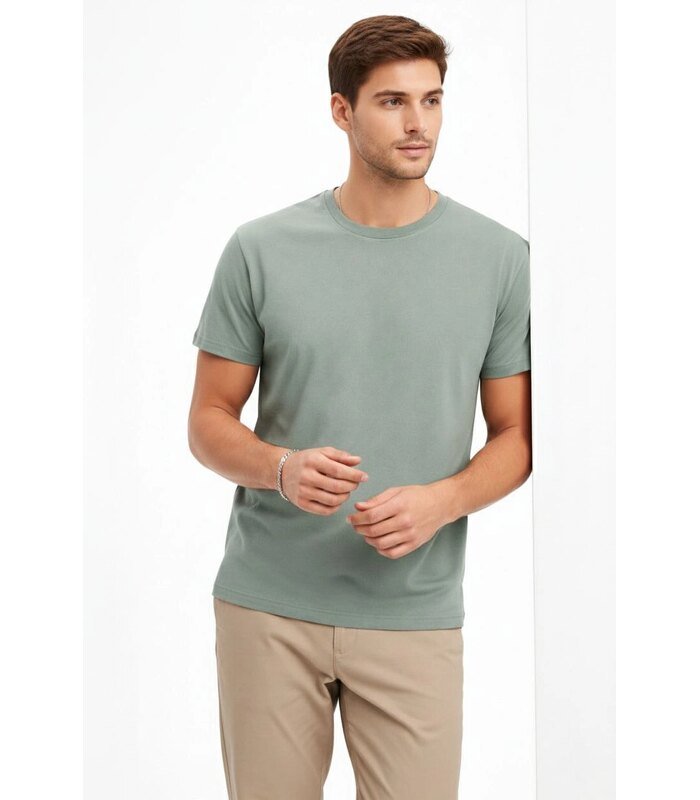 Erkek Bisiklet Yaka Yazlık Kısa kol Düz Tişört Regular Kalıp T-shirt - Mint Yeşili