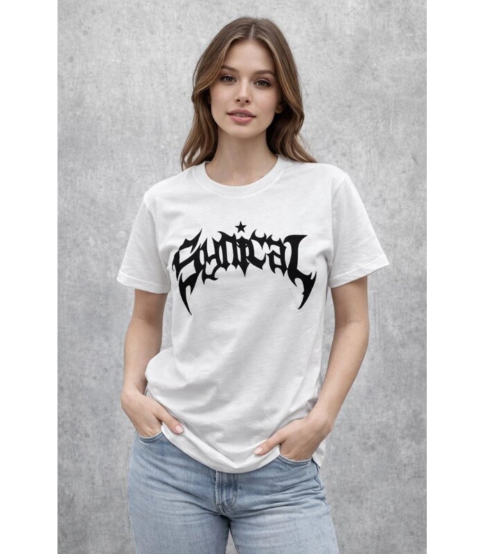 Kadın Kısa Kol Yazlık Tişört Bisiklet Yaka Baskılı Oversize T-Shirt - Beyaz