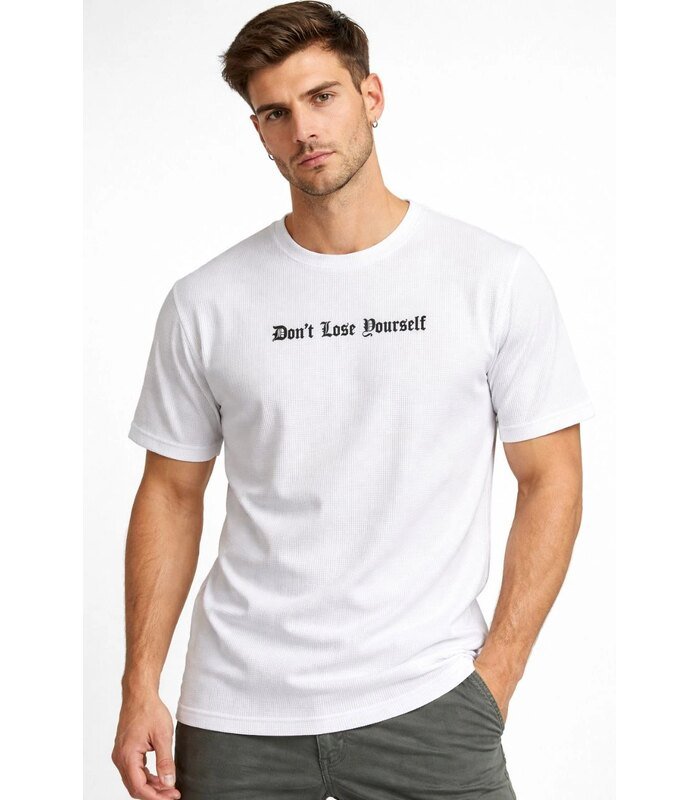 Erkek Wafıl Kumaş Tişört Regular Kalıp Bisiklet Yaka Baskılı T-Shirt - Beyaz