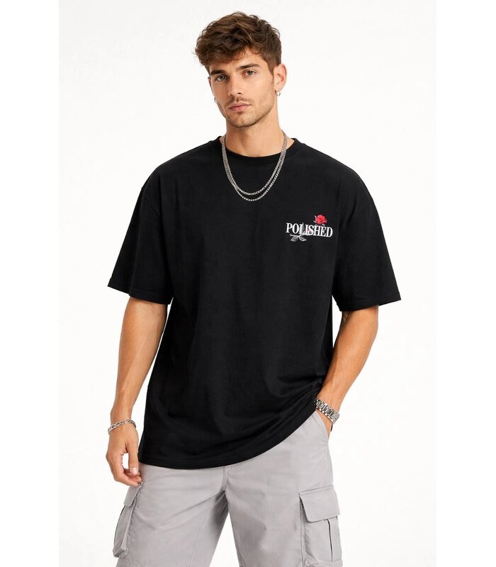 Erkek Kısa Kol Yazlık Tişört Bisiklet Yaka Baskılı Oversize T-Shirt - Siyah