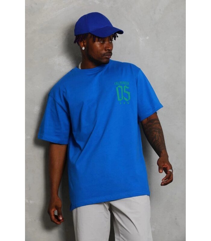 Erkek Baskılı T-Shirt Kısa Kol Bisiklet Yaka Regular Fit Tişört - Saks Mavisi