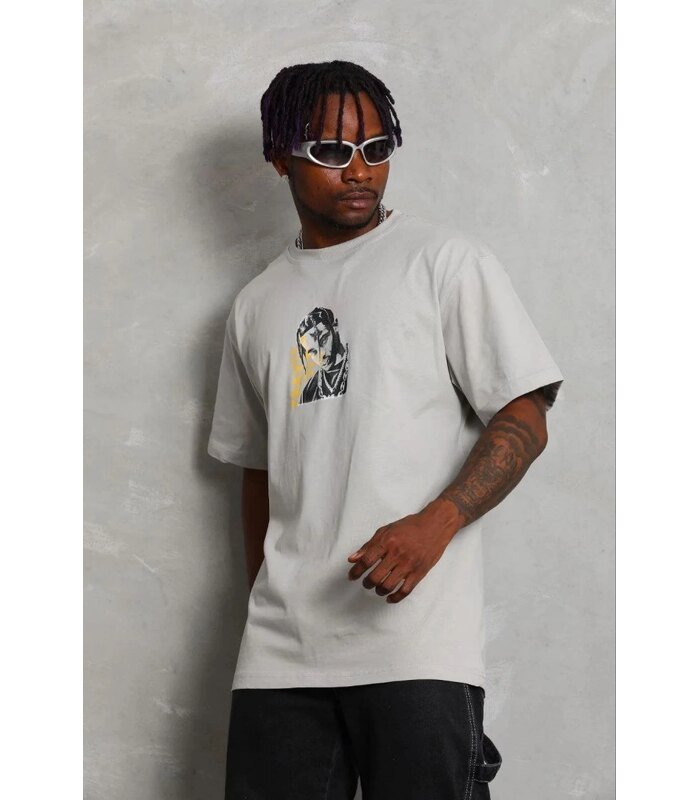 Erkek Baskılı T-Shirt Kısa Kol Bisiklet Yaka Regular Fit Tişört - Gri