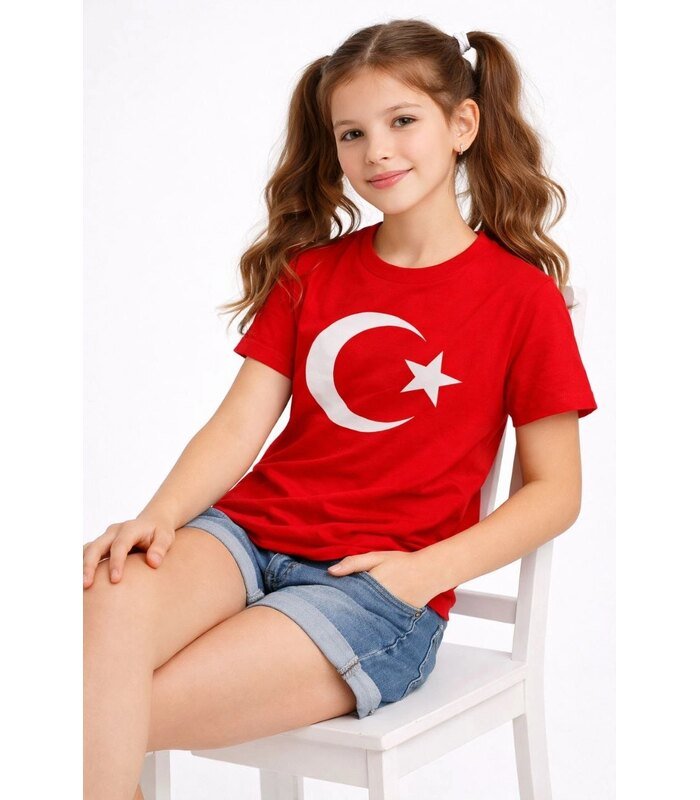 Kız Çocuk Tişört Bisiklet Yaka Ay Yıldız Bayrak Baskılı T-Shirt - Kırmızı