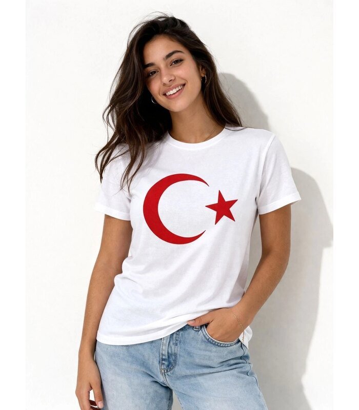 Kadın T-Shirt Kısa Kol Bisiklet Yaka Ay Yıldız Bayrak Baskılı Tişört - Beyaz