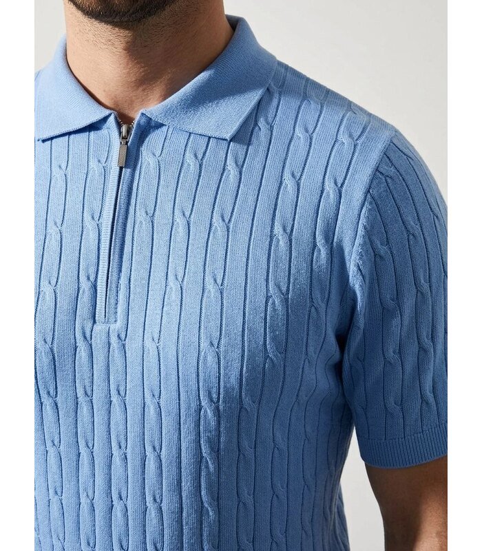 Erkek Yazlık Triko Saç Örgü Tişört Kısa Kol Polo Yaka Fermuarlı T-Shirt - Bebe Mavisi