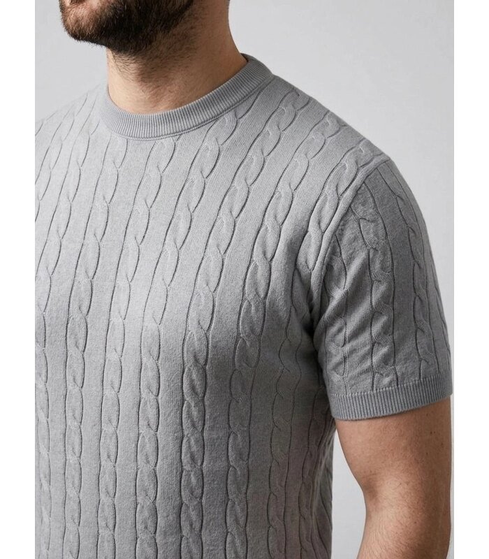 Erkek Yazlık Triko Dokuma Tişört Kısa Kol Bisiklet Yaka Örgü Desenli T-Shirt - Gri