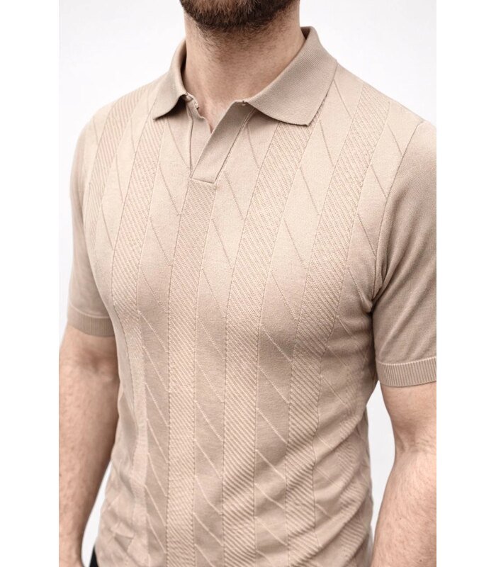 Erkek Yazlık Triko Dokuma Tişört Kısa Kol Polo Yaka T-Shirt - Bej