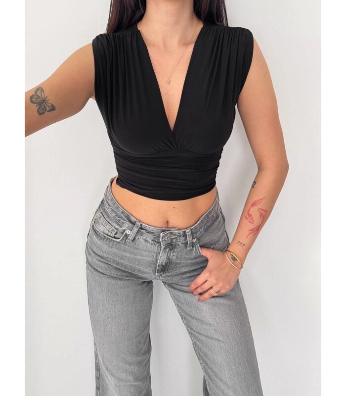 Kadın Vatkalı Kolsuz V Yaka Drapeli Crop Bluz Likralı Fit - Siyah