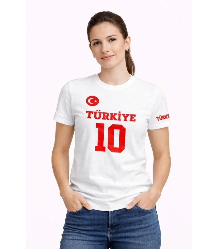 Kadın TÜRKİYE Ay Yıldız Baskılı 10 Numara Forma Tişört Taraftar T-Shirt - Beyaz