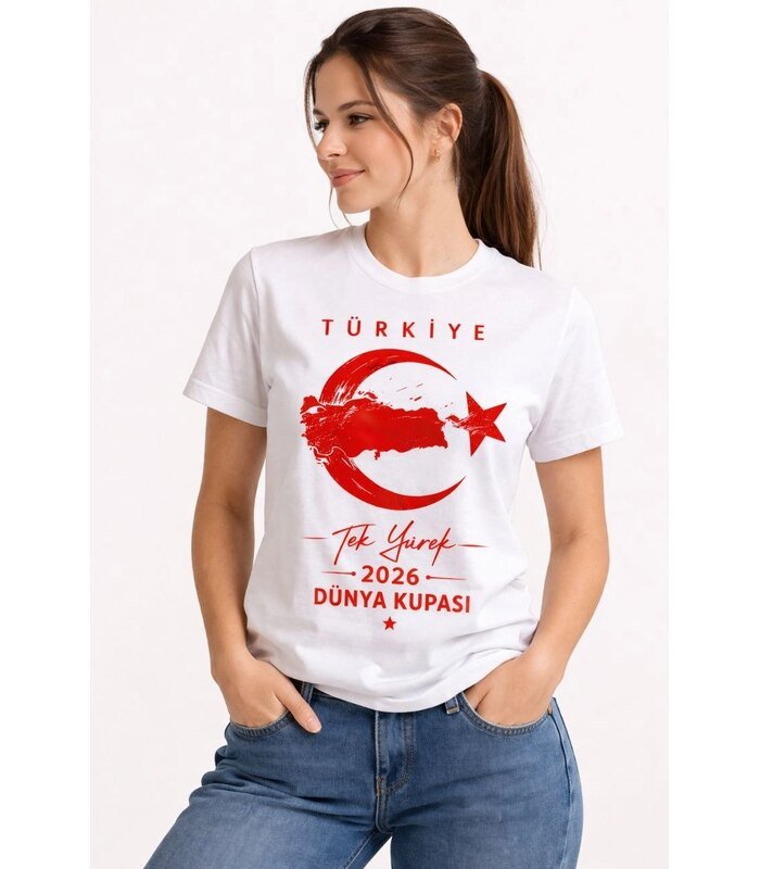 Kadın TÜRKİYE Ay Yıldız 2026 Dünya Kupasi Taraftar Forma T-Shirt - Beyaz