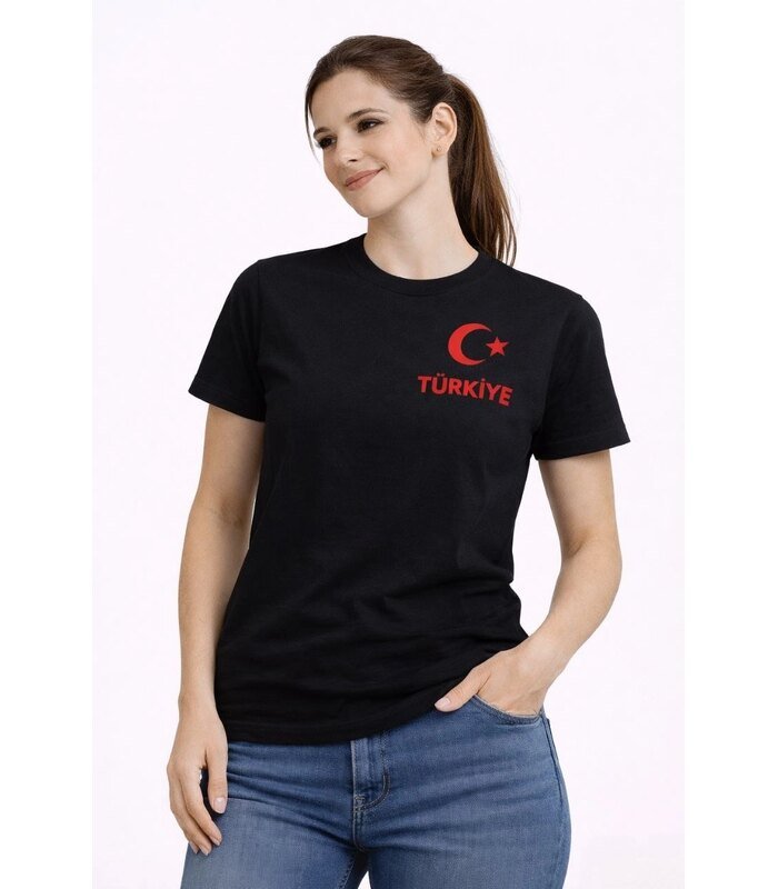 Kadın TÜRKİYE Ay Yıldız Baskılı Taraftar Forma T-Shirt - Siyah