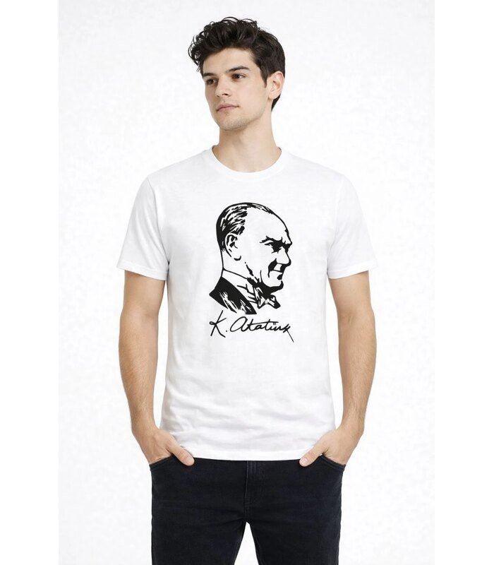 Erkek Atatürk Baskılı Tişört Kısa Kollu Bisiklet Yaka T-Shirt - Beyaz