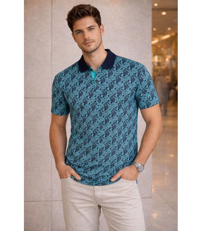 Erkek Pike Kumaş Polo Yaka Palmiye Desenli Tişört Kısa Kol Yazlık T-Shirt - Turkuaz