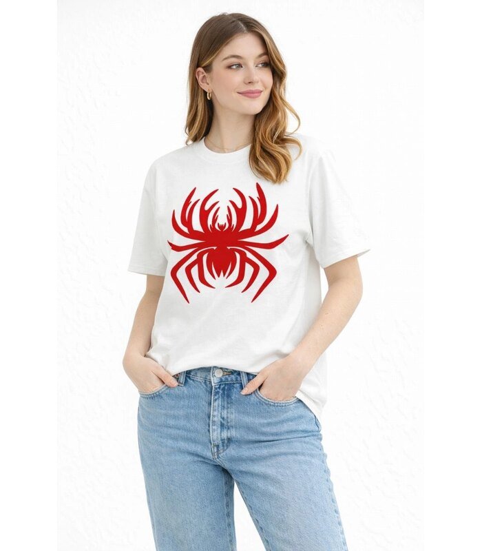 Kadın Örümcek Baskılı Tişört Kısa Kollu Bisiklet Yaka T-Shirt - Beyaz