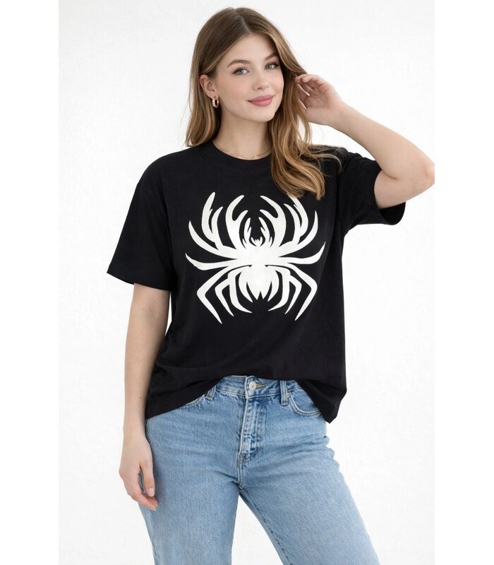 Kadın Örümcek Baskılı Tişört Kısa Kollu Bisiklet Yaka T-Shirt - Siyah