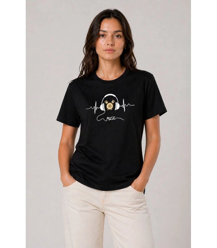 Kadın Müzik Temalı Baskılı Tişört Bisiklet Yaka Kısa Kol T-Shirt - Siyah