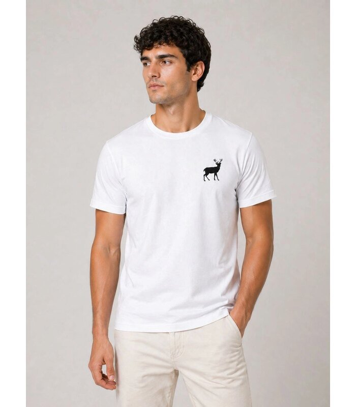 Erkek Minimal Geyik Logolu Tişört Bisiklet Yaka Kısa kol Yazlık T-Shirt - Beyaz