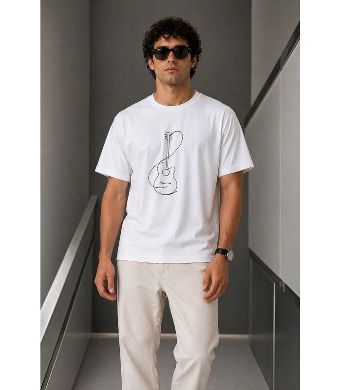Erkek Minimal Gitar Baskılı Tişört T-Shirt Yazlık Kısa Kol Bisiklet Yaka T-Shirt - Beyaz