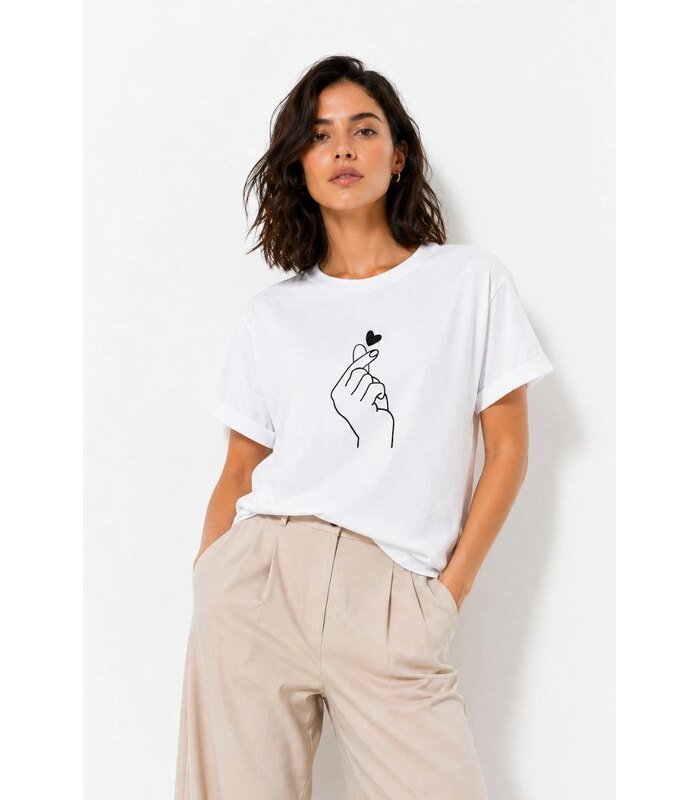 Kadın Kore Parmak Kalp Aşk Temalı Minimal Baskılı Tişört Yazlık Kısa Kol T-Shirt - Beyaz