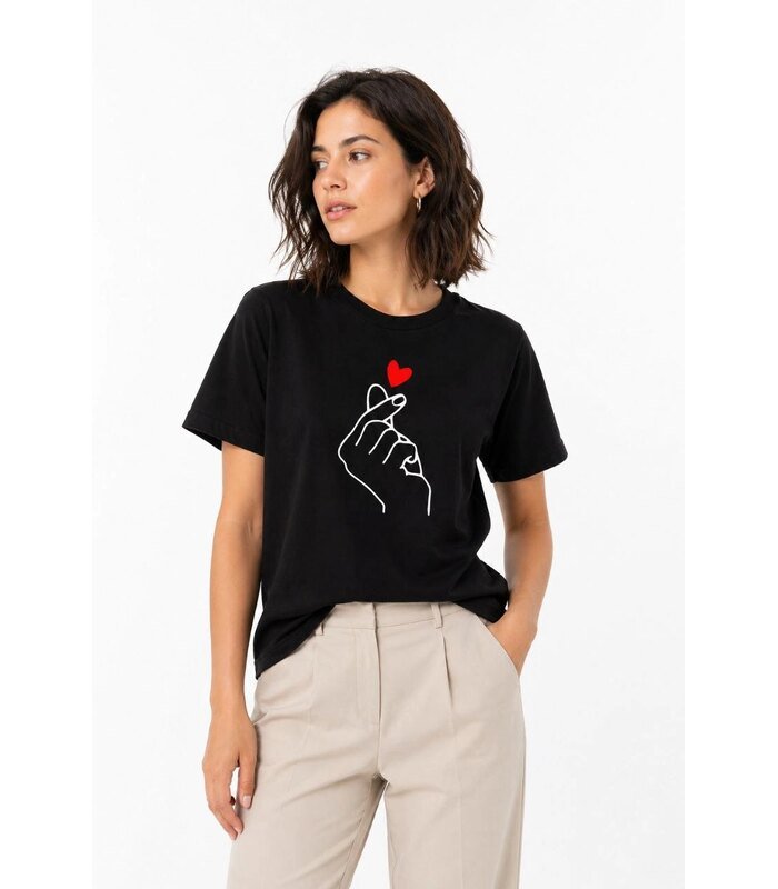 Kadın Kore Parmak Kalp Aşk Temalı Minimal Baskılı Tişört Yazlık Kısa Kol T-Shirt - Siyah