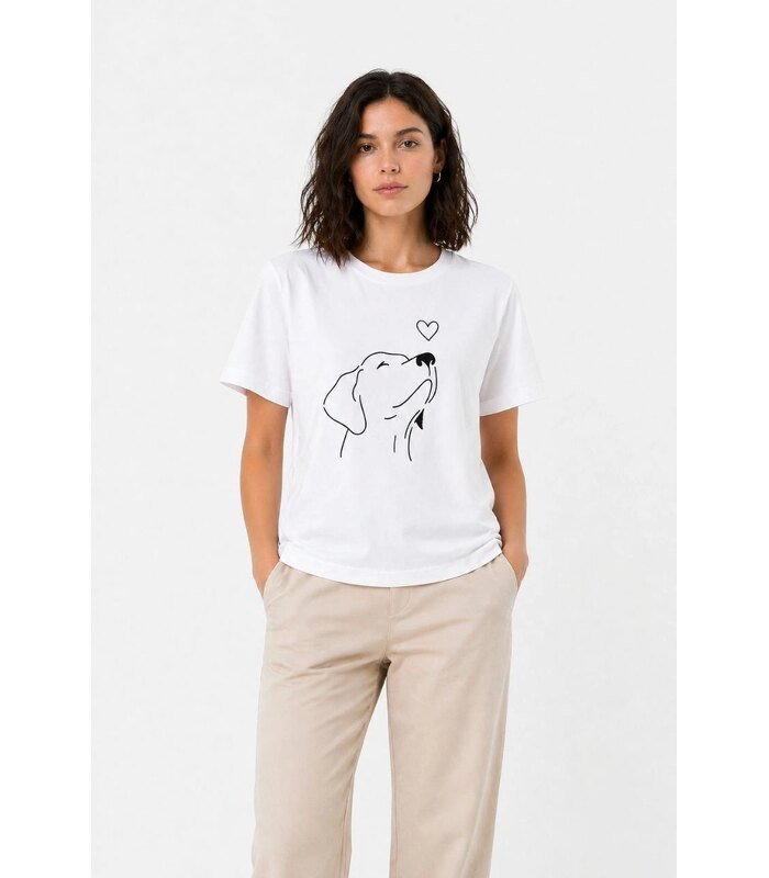 Kadın Köpek Figürlü Minimal Baskılı Tişört Kısa Kol Yazlık T-Shirt - Beyaz
