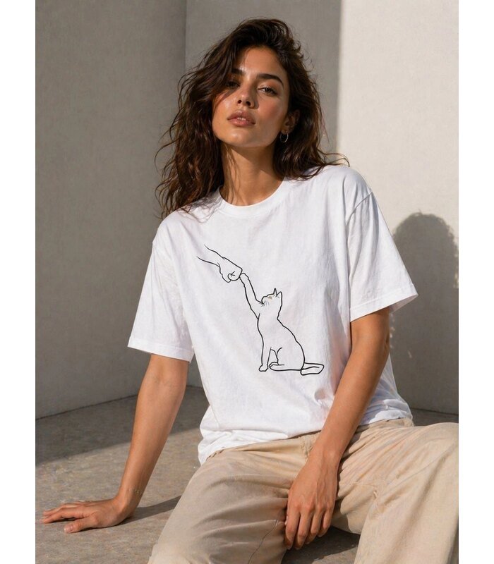 Kadın Minimal Kedi Çizim Baskılı Tişört Kısa Kol Yazlık T-Shirt - Beyaz