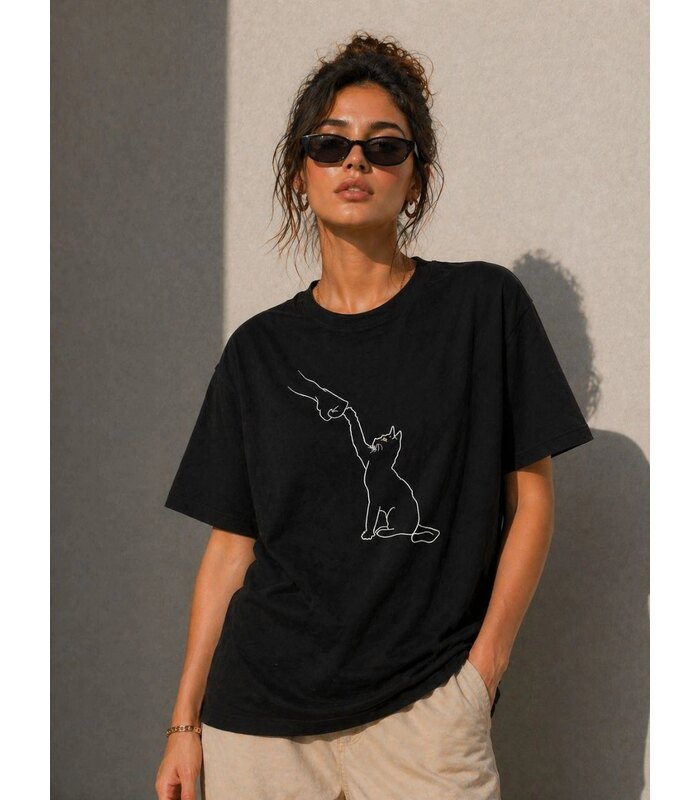 Kadın Minimal Kedi Çizim Baskılı Tişört Kısa Kol Yazlık T-Shirt - Siyah