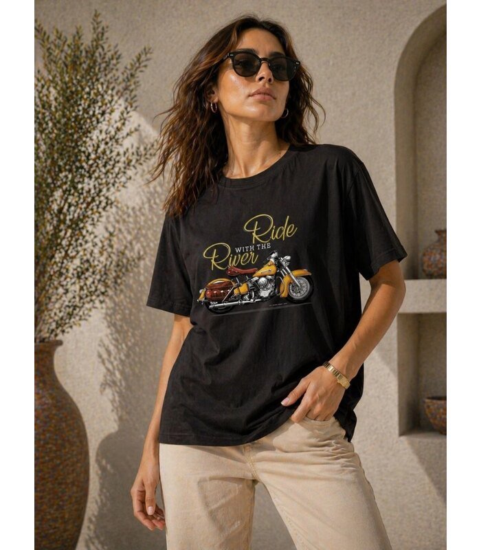 Kadın Motosiklet Baskılı Tişört Bisiklet Yaka Kısa Kol Yazlık T-Shirt - Siyah